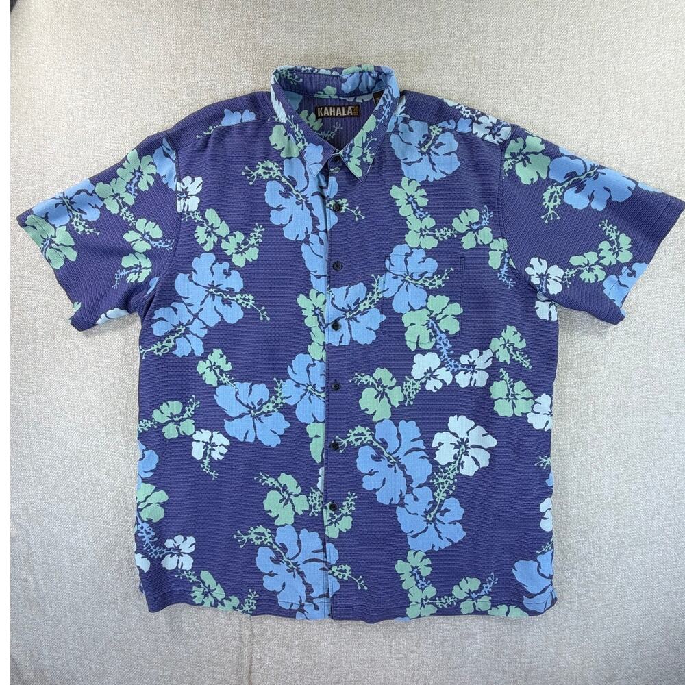 Kahala Mens 2XL Blue Hawaiian Print Short Sleeve Button Front Aloha Shirt Resort